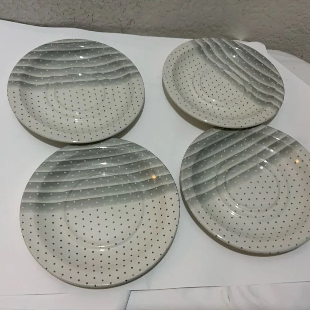 Churchill England (4) saucers  6” NEW Swiss Dot Stripes Gray White Ceramic G13